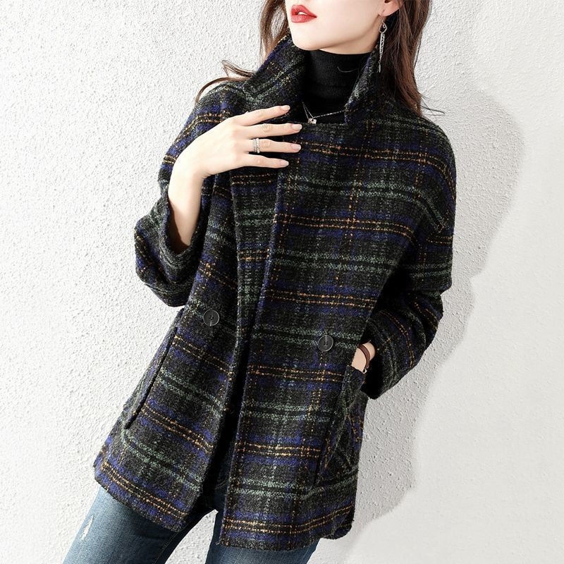 Wool Coat Peacoat - Kadın Büyük Beden Ekose Yün Takım
